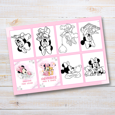 Juego imprimible editable - souvenir - mini libro para colorear minnie bebe