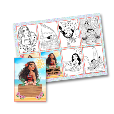 Juego imprimible editable - souvenir - mini libro para colorear moana bebe