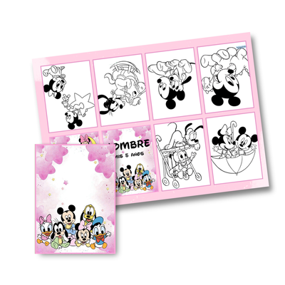 Juego imprimible editable - souvenir - mini libro para colorear mickey y amigos bebes rosa
