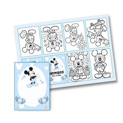 Juego imprimible editable - souvenir - mini libro para colorear mickey celeste