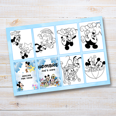 Juego imprimible editable - souvenir - mini libro para colorear mickey y amigos bebes