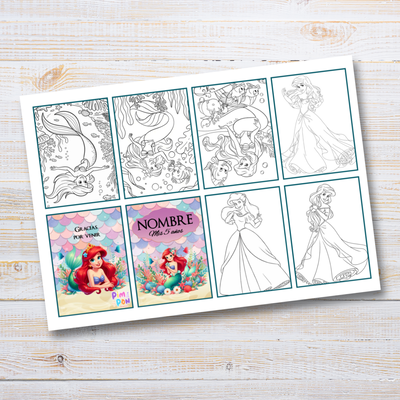 Juego imprimible editable - souvenir - mini libro para colorear la sirenita