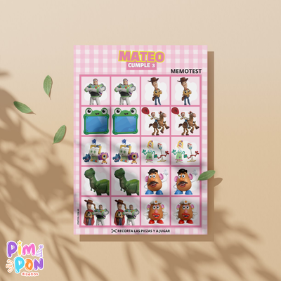 Juego imprimible - souvenir - memotest toy story 5 rosa