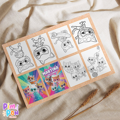 Juego imprimible editable - souvenir - mini libro para colorear super gatitos