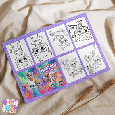 Juego imprimible editable - souvenir - mini libro para colorear super gatitos
