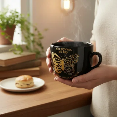 Taza Negra De Cerámica Modelo Chocolatera | Mariposa