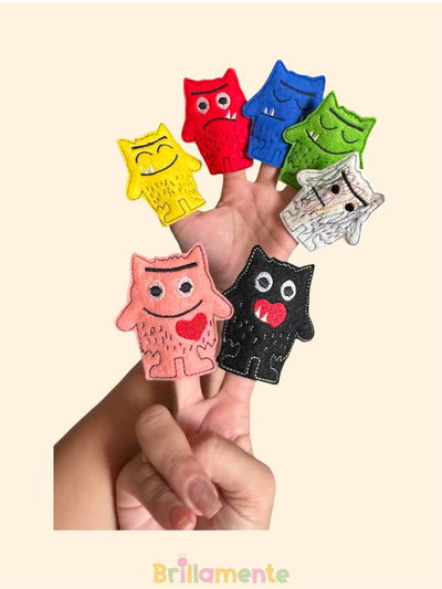 Títeres de dedos X7  bordados- "MONSTRUOS DE COLORES"  