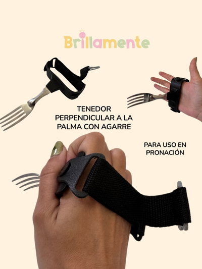 Tenedor perpendicular a la palma con agarre – Cubierto adaptado para uso en pronación