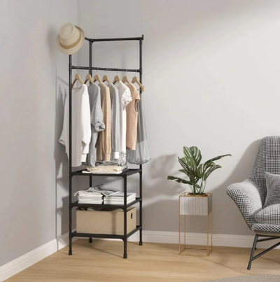 Rack esquinero con 3 estantes y perchero