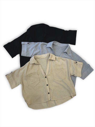 CAMISA LINO CORTA OVER BOLSILLOS