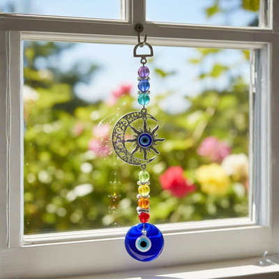 COLGANTE 7 CHAKRAS SOL Y LUNA CON OJO TURCO