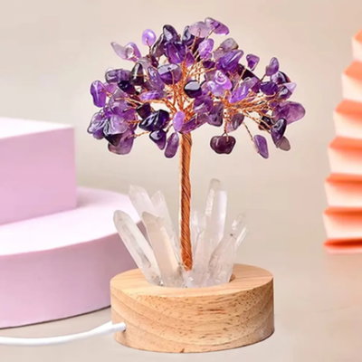 LAMPARA LED ARBOL DE AMATISTA Y PUNTAS DE CUARZO CRISTAL