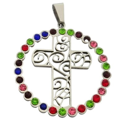 DIJE CRUZ CON STRASS DE COLORES GRANDE - Acero quirúrgico