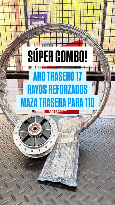 ¡Combo! Aro trasero 17 + Rayos reforzados + Maza trasera para motos 110cc.