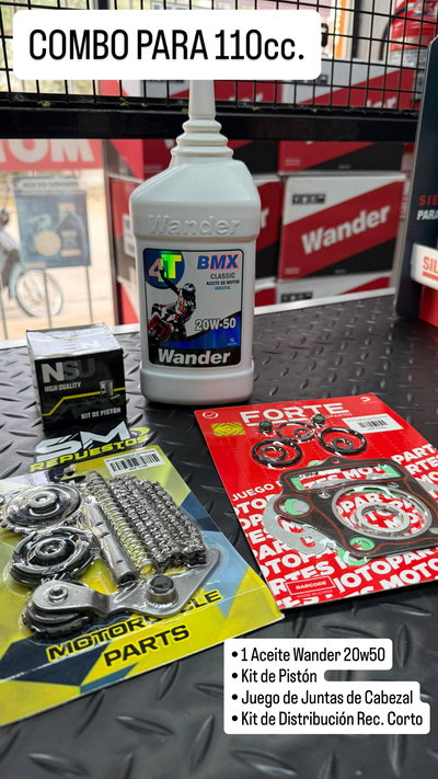 Combo para Motos 110cc. Aceite + Piston + Distribucion + Juntas