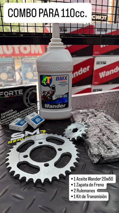Combo para Motos 110cc. Aceite + Transmisión + Zapata + Rulemanes