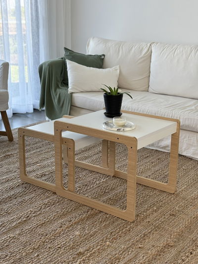 Set De Mesas Ratonas Nórdicas X2 De Diseño En Melamina Blanco