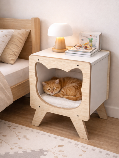 Mesita De Luz Para Gatos Cucha Mueble Nórdico Color Mate Blanco
