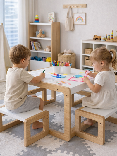 Mesa Y Bancos Infantil Montessori Aprendizaje Niño Color Blanco