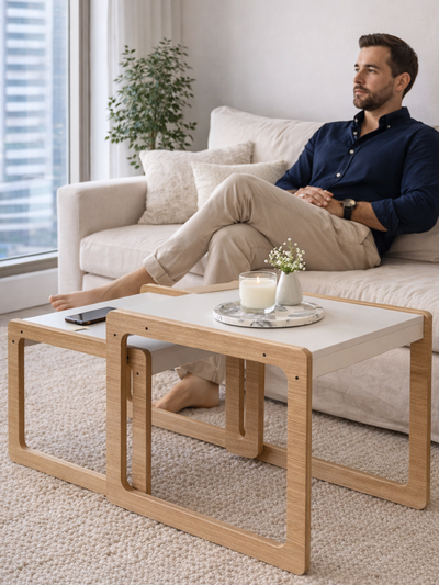 Set De Mesas Ratonas Nórdicas X2 De Diseño En Melamina Blanco