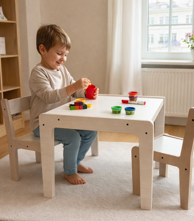 Mesa Y Sillas Infantil Montessori Con Respaldo Color Blanco