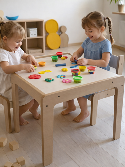 Juego Mesa Y Sillas Infantil Montessori Con Respaldo Color Blanco