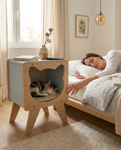 Mesa de luz con espacio para tu gato | Funcional y moderna