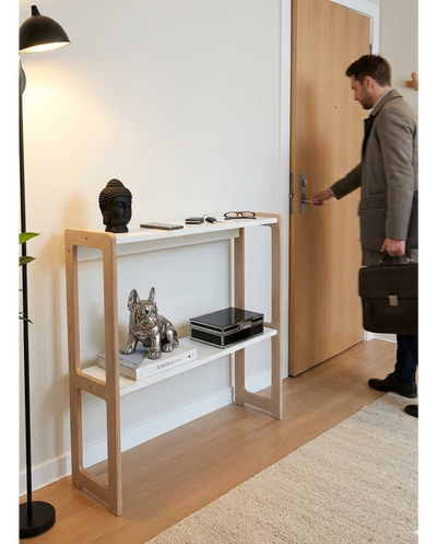 Mesa recibidora con estantes | Orden y diseño desde la entrada