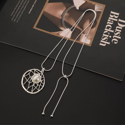 Collar Largo Regulable Perla Plateado