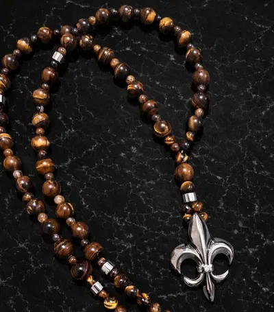 Collar Rosario Largo de Ojo de Tigre con Dije Flor de Lis