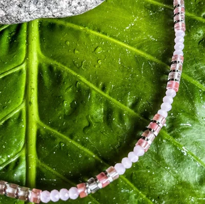 Collar Cuarzo Sandía y Hematite 4mm con Acero Quirúrgico | NEMArmonia