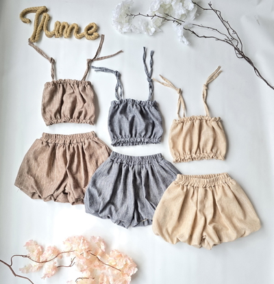 Conjunto lino rayado top y short globo nena - PACK X6