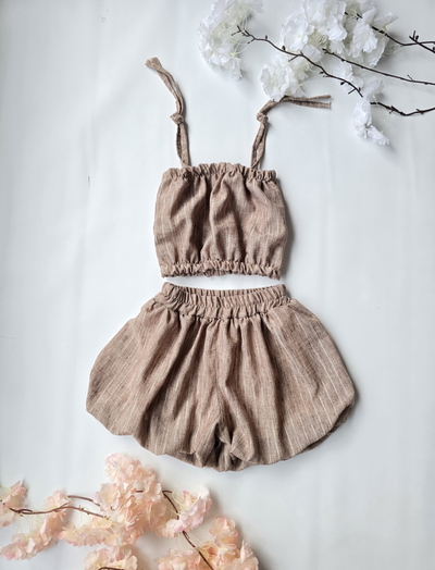 Conjunto lino rayado top y short globo nena - PACK X6