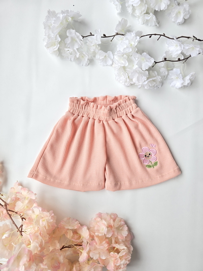 Short frunce wafle bordado flor beba -pack x5