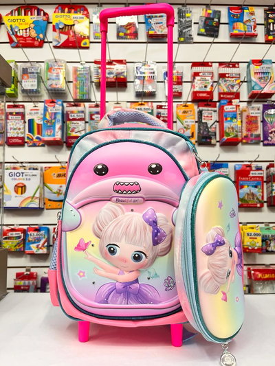 Mochila de 12 pulgadas con carrito, incluye cartuchera y luz 