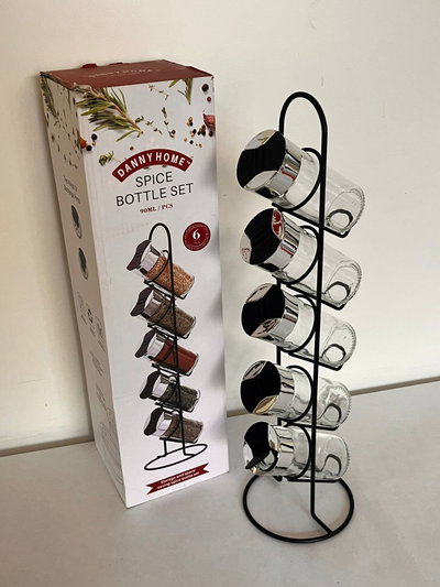 Especieros x5 de vidrio con soporte de metal