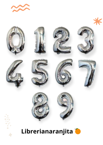 Globos Números 16" (0 al 9) x 1 Plateados 