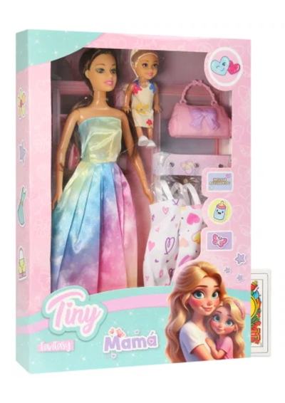 Muñeca Tiny Mama Con Hija + Accesorios en Caja Visor (32cmx23)