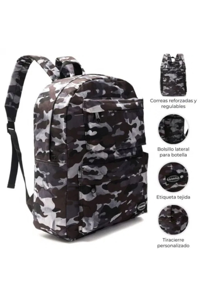  Mochila 17" Bolsillos Delanteros 3 Cierres "diseño Camuflado negro" Goodpak (43Cmx30X17)