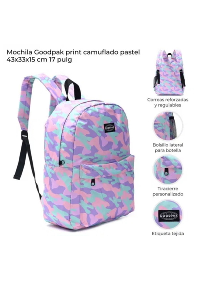 Mochila Goodpak Print Camuflado Pastel Doble Cierre 17" (43Cmx33X15