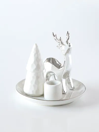 Portavelas Navidad Centro De Mesa Blanco Y Silver