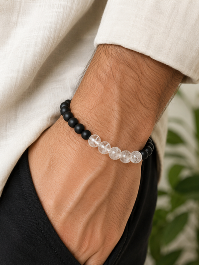 Pulsera Hombre. Cuarzo Cristal y Ónix Negro 