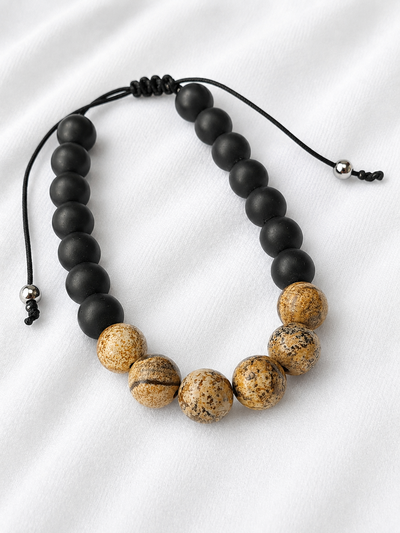 Pulsera Hombre. Ónix Negro y Jaspe Desierto. 8mm