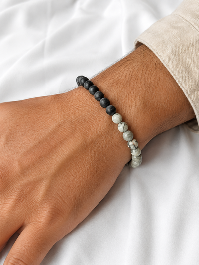 Pulsera Hombre. Jaspe Gris y Ónix Negro. 6mm