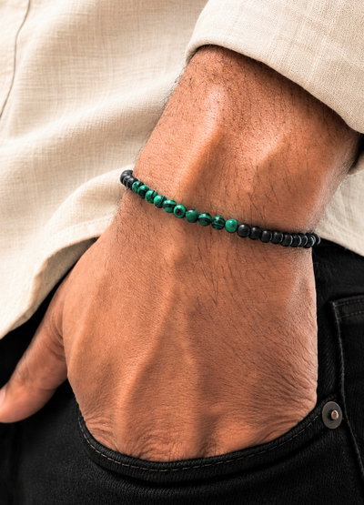 Pulsera Hombre. Malaquita y Ónix Negro. 4mm
