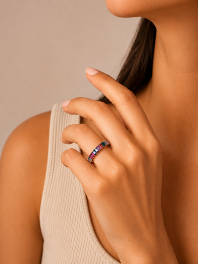 Anillo de Plata Multicolor Piedra Baguette