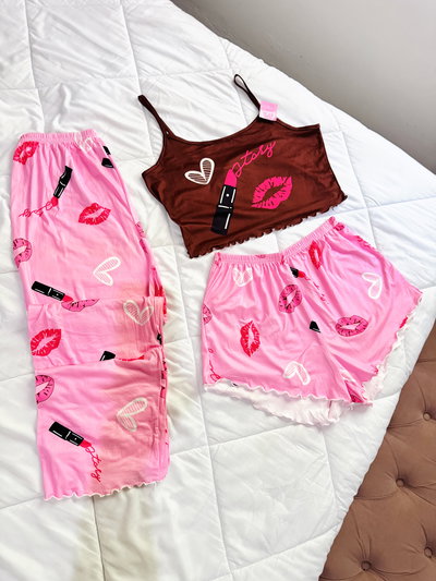 Pijama 3 Pieza Rosa- Marron