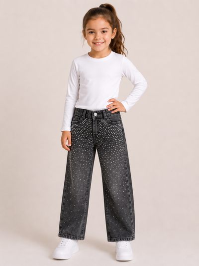 JEANS WIDE LEG Stras GRIS