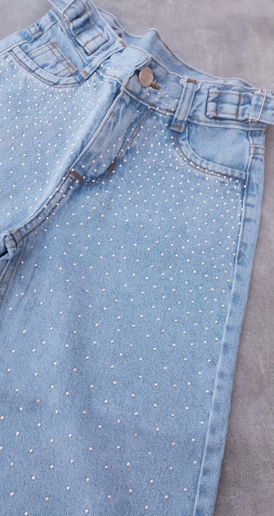 JEANS WIDE LEG Stras celeste claro
