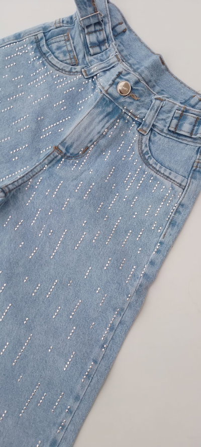 JEANS WIDE LEG Stras LLUVIA celeste claro